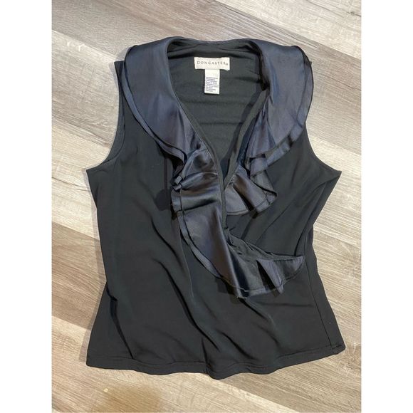 Doncaster Cascading Ruffle Black Silk Sleeveless Blouse, Size Small - Picture 2 of 11